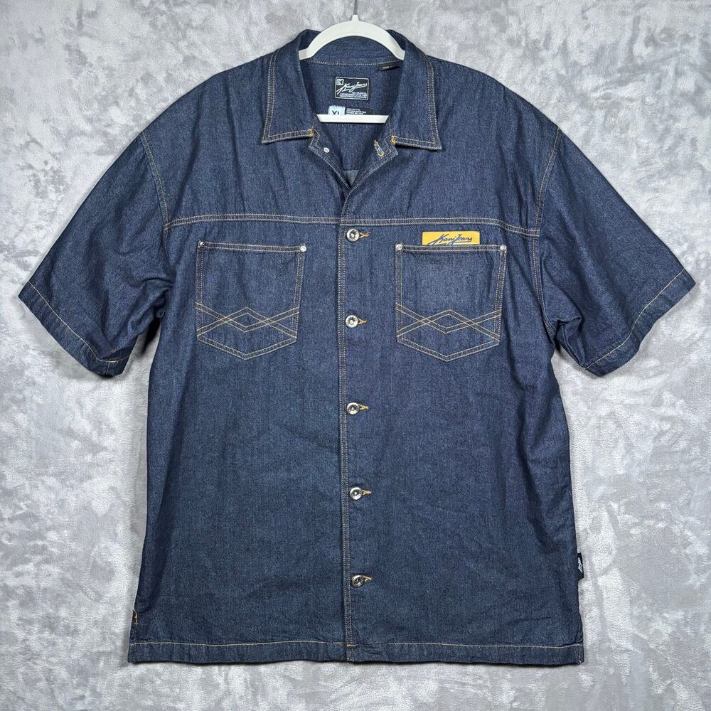 Vintage Y2K Karl Kani Jeans Denim Button Up Shirt XL Blue Short Sleeve